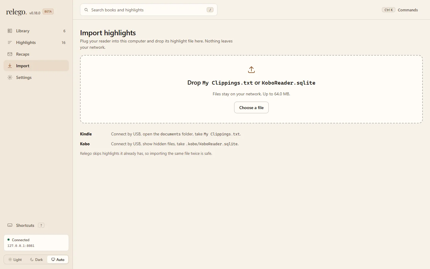 Relego’s web interface open to the Import page, showing the Kindle and Kobo file upload area.