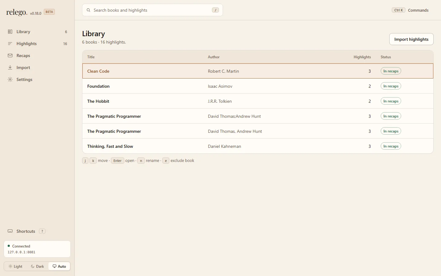Relego web interface showing imported books, authors, highlight counts, and recap status