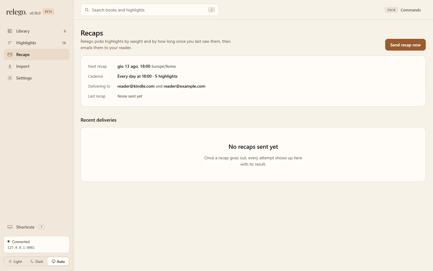 Relego’s Recaps page, showing configured delivery destinations and the Send recap now button.