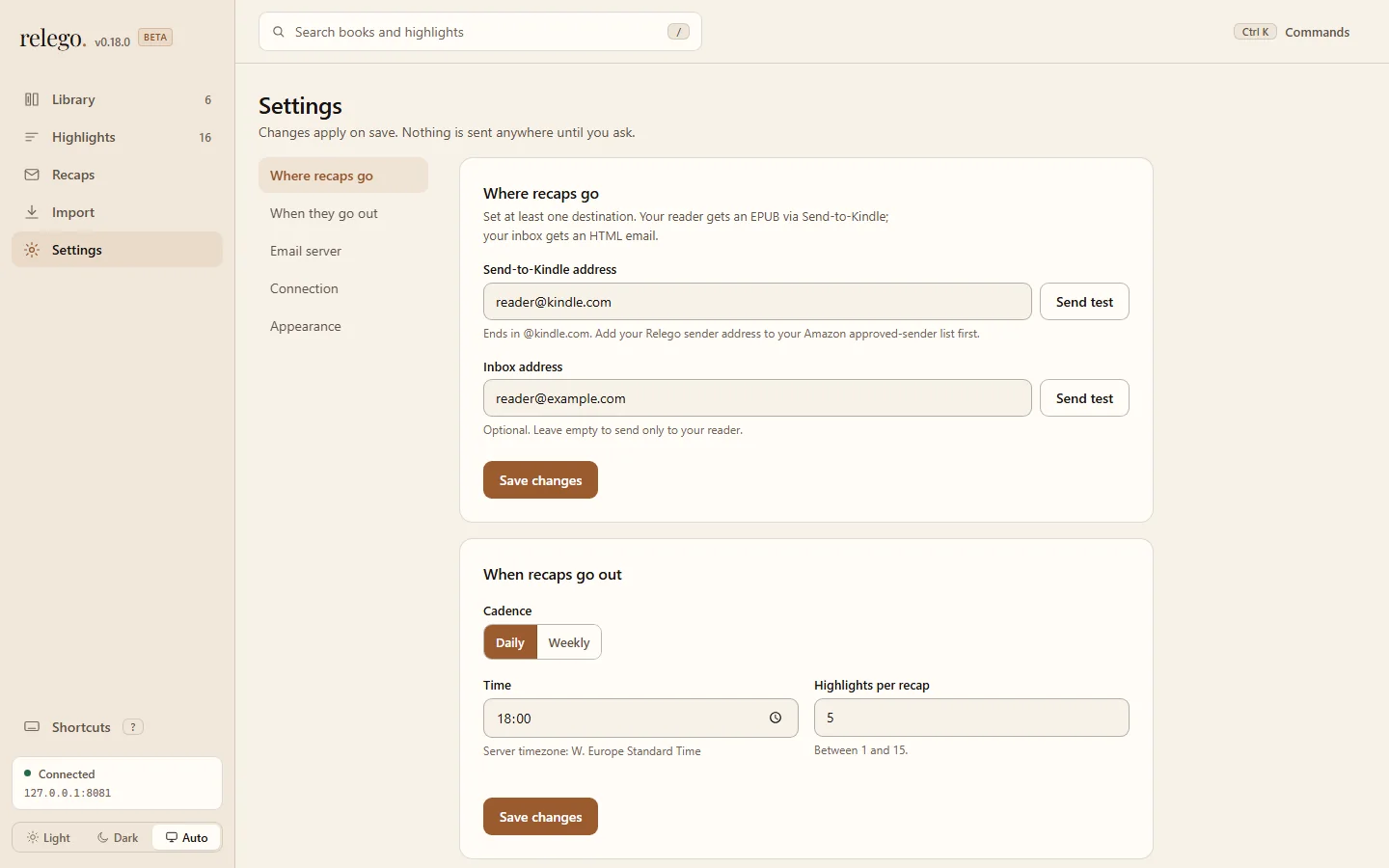Relego’s Settings page, showing delivery addresses and recap schedule controls.